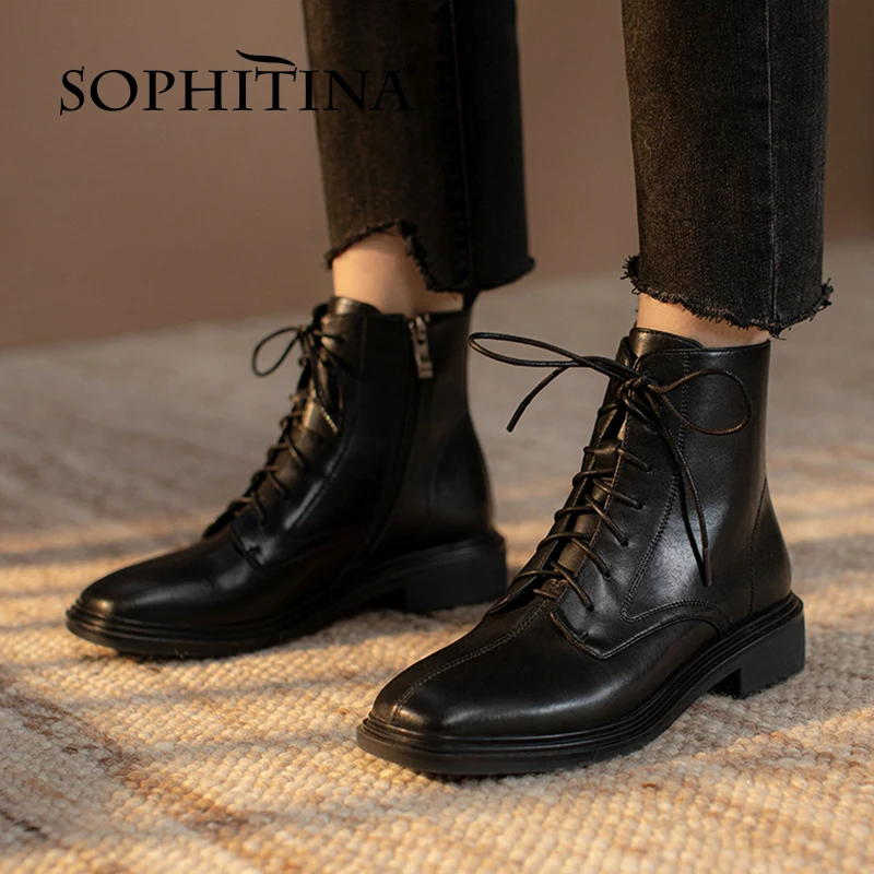 Murah Sepatu Bot Pergelangan Kaki Wanita SOPHITINA Sepatu Bot Kulit Asli Tren Sepeda Motor Sepatu Fashion Platform Simpul Silang Ujung Kotak YO106