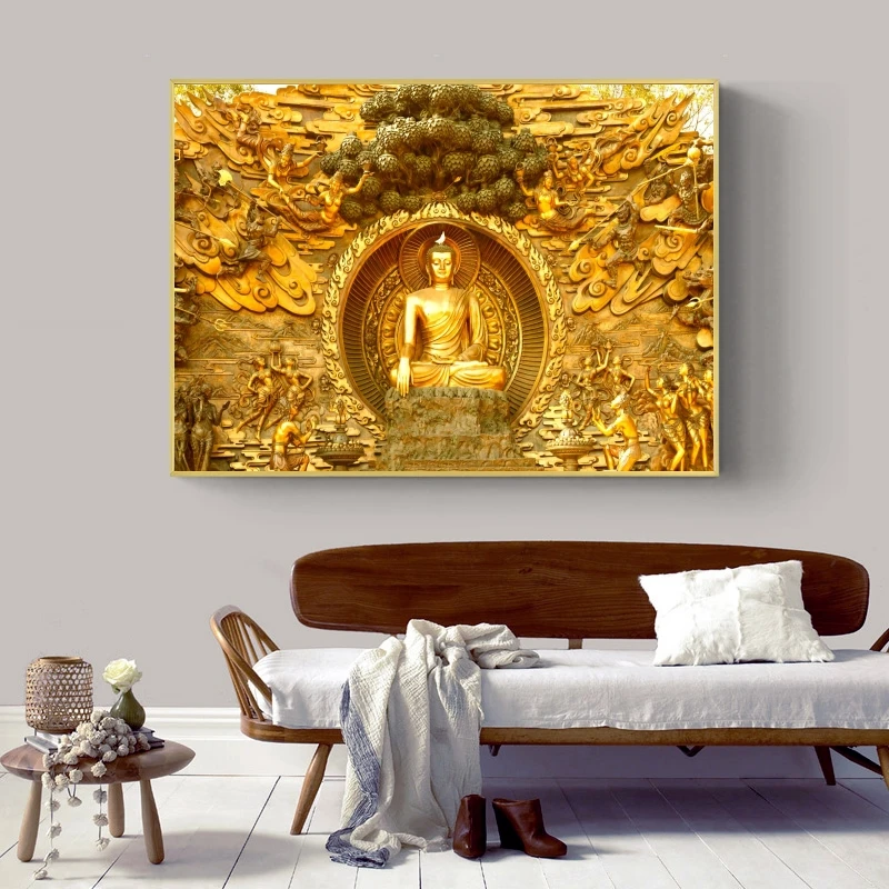 

Golden Lord Buddha Oil Paintings Print on Canvas Religious Posters and Prints Cuadros Wall Art Pictures For Living Room Decor