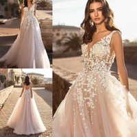2021 new v neck a line beach wedding dresses sexy backless 3d floral appliqued lace boho bridal gowns sweep train tulle vestido