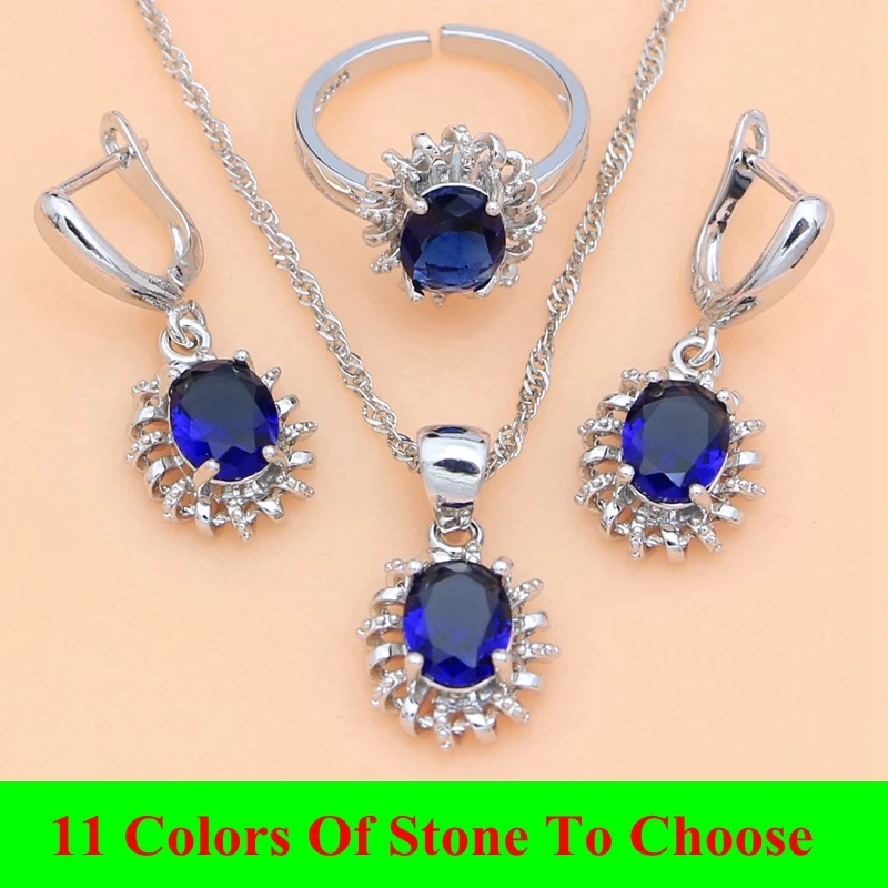 2021 New 925 Silver Wedding Jewelry Sets Blue Sapphire Earrings Necklace Adjustable Ring Set Women Trendy Costume Dropshipping