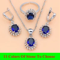 2021 new 925 silver wedding jewelry sets blue sapphire earrings necklace adjustable ring set women trendy costume dropshipping