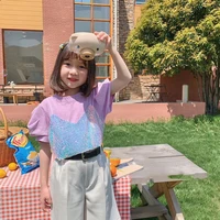 2021 summer new girls puff sleeve fake two piece blouse and suit pants suit to send belt kids clothes girls baby girl clothes