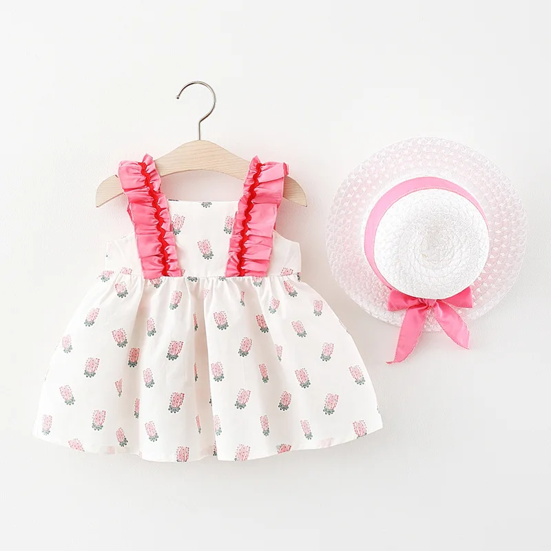 Trajes de verano para ni&ntilde;os peque&ntilde;os, ropa para reci&eacute;n nacidos con estampado de dibujos animados, algod&oacute;n sin mangas, Vestido de playa para beb&eacute; + sombrero para el sol, vestidos para ni&ntilde;a BC2100-1
