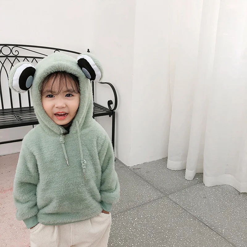 

Осень 2019, Новое поступление, теплая и утолщенная толстовка с капюшоном в Корейском стиле с рисунком из мультфильма «лягушка» для милых мале...