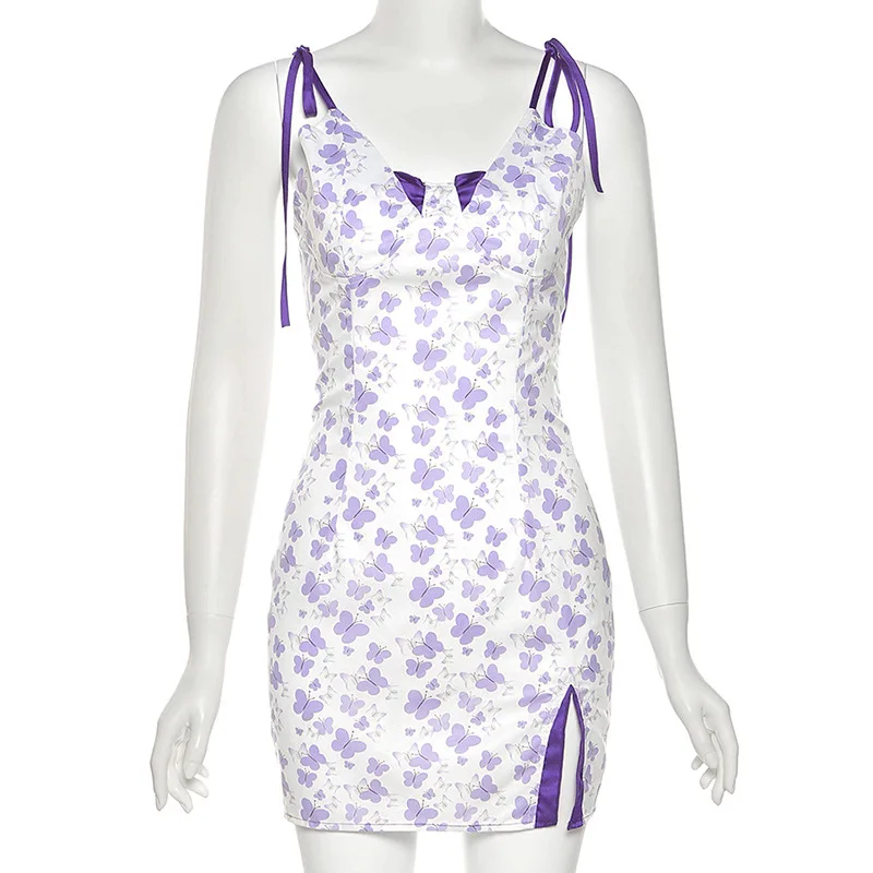 

Gothblack Sexy V Neck Butterfly Printing Sleeveless Dress Women Slim Split Backless Splice Mini Dress Summer Casual Home Outfits