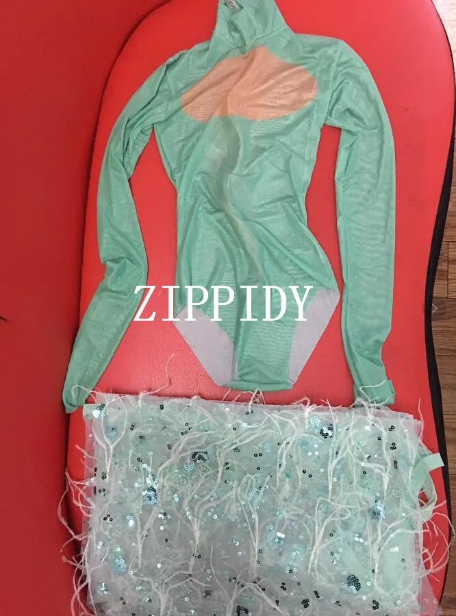 New Long Sleeves Bodysuit Green Sequins Mesh Feather Long Tail Outfit Women Dancer Bar Prom Bodysuit Outfit Set