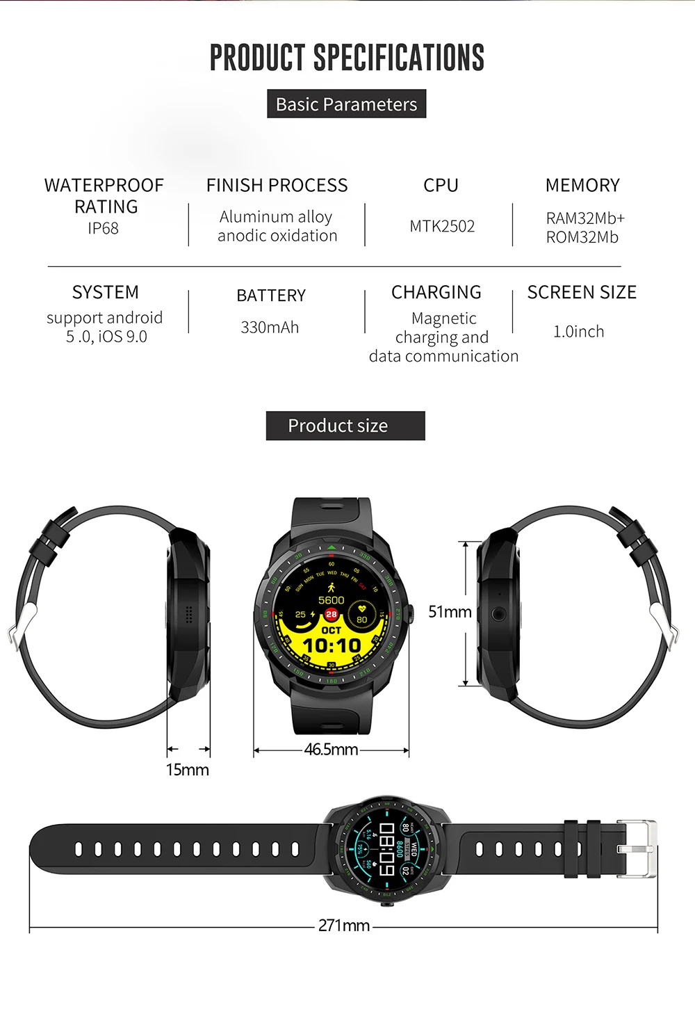 Kingwear KW01 умный Браслет 1,0 дюймов HD экран IP68 Водонепроницаемый Bluetooth 4,0 Smartwatch монитор сердечного ритма питьевой напоминание