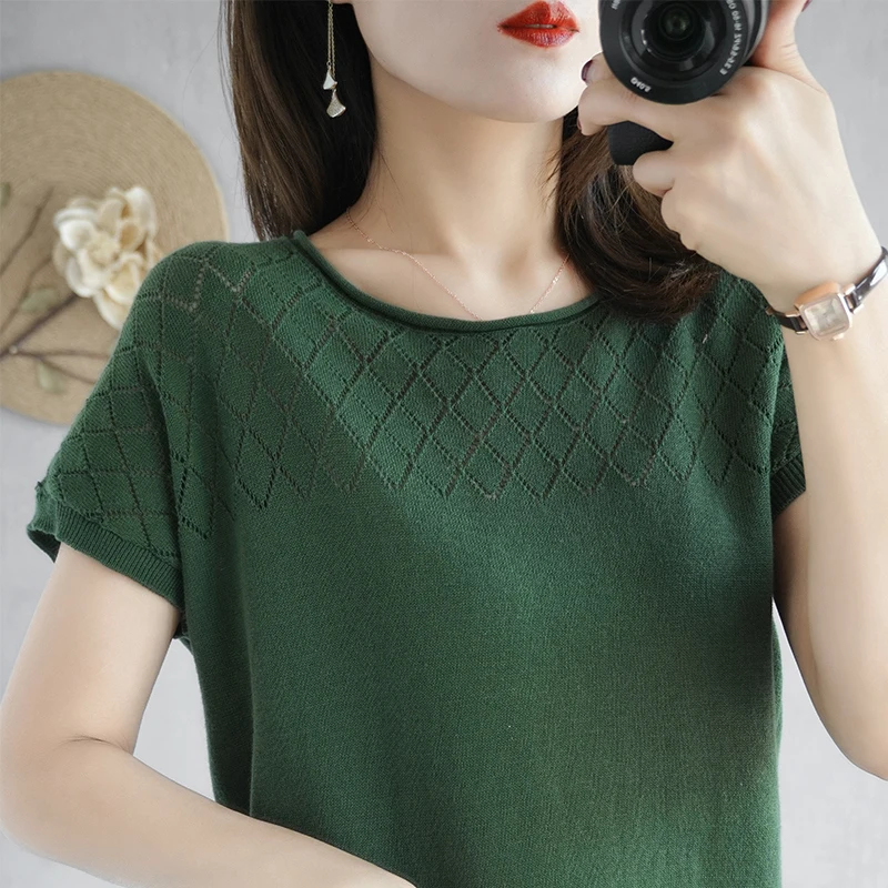 

100% Cotton Short-Sleeved T Shirt Women's T-Shirt Short Section Loose Knitted Cotton Sweater Summer New O-Neck Pullover Sweaters