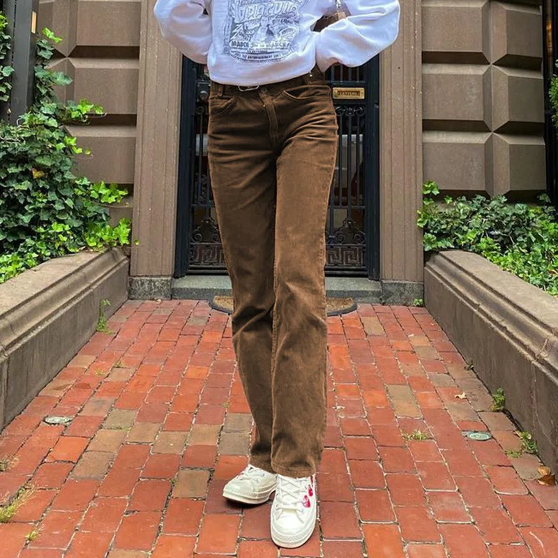 

Коричневые Вельветовые брюки для девочек 2021, женская обувь; Сезон весна-осень; В стиле ретро; В винтажном стиле; Однотонные брюки кэжуал высо...