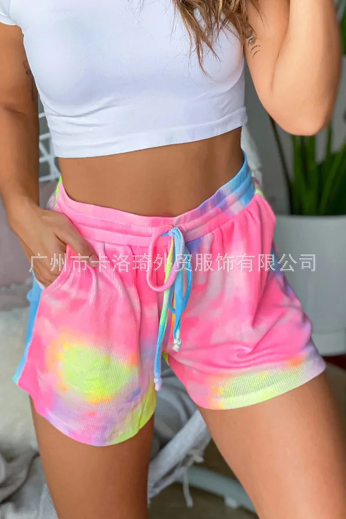 

Amazon wish fashion 2020 European and American summer new tie dye printing High Waist Wide Leg shorts casual pants