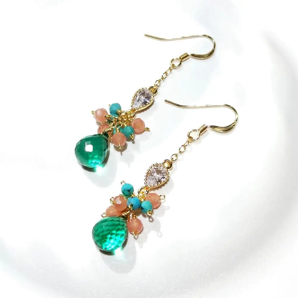 

Lii Ji Natural Turquoise Rhodochrosite Green Crystal Earrings Romantic Long Drop Earrings 14K Gold Filled Christmas Jewelry