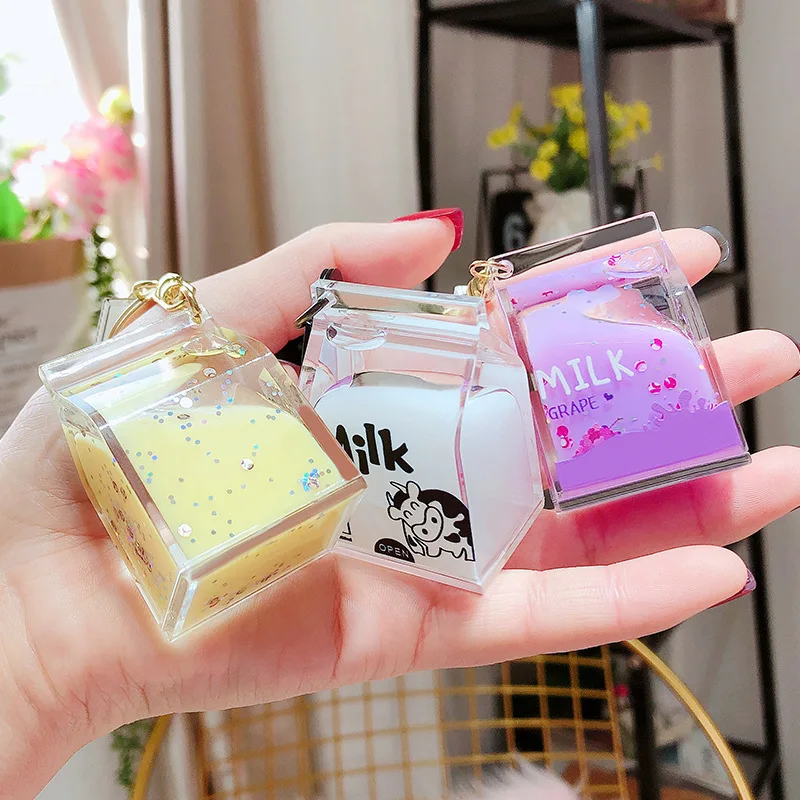 

Dairy Cow Milk Drinks Acrylic Keychain Fruit Milk Moving Liquid Bottle Keyrings Women Couple Car Bag Charm Keyring Jewelry Gifts