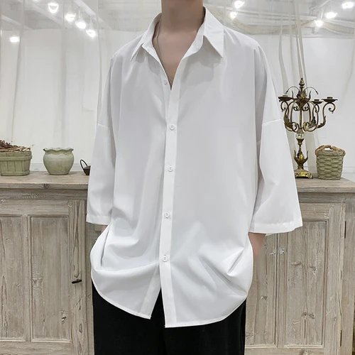 

New 2021 Summer Men's New Pattern Short Sleeve Cool Shirt French Cuff Brand Clothing Fashion Loose Solid Color Shirts