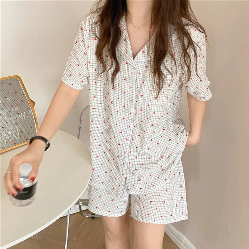 157 Summer Double layer Cotton Linen Plaid Cherry Print Pajama Set ladies pajamas suit Pyjamas Shorts pajamas women's homewear