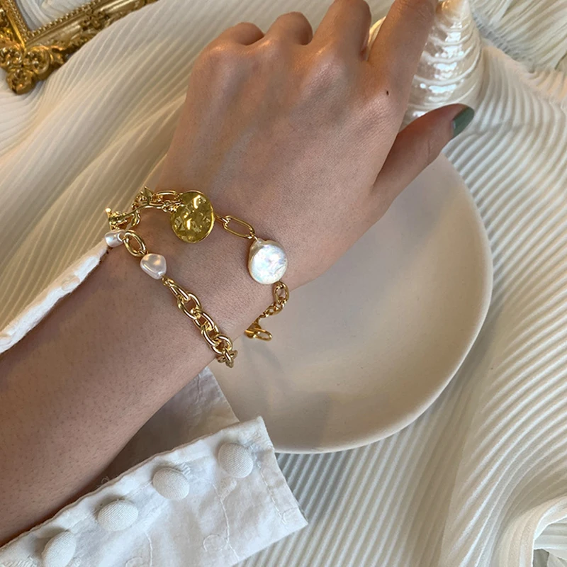Peri'sbox 4 стиля Золотой браслет с застежкой розовый очаровательный с жемчугом браслеты Винтаж монета с портретом двойной браслет из Жемчужной цепи Femme