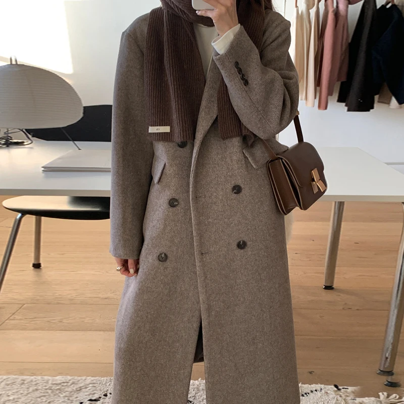 

Chic Trench Coat Jacket Winter Woolen Clothes Thick Vintage Korean Outwear Long Overcoats Solid 2021 Women Woman Blend Coats