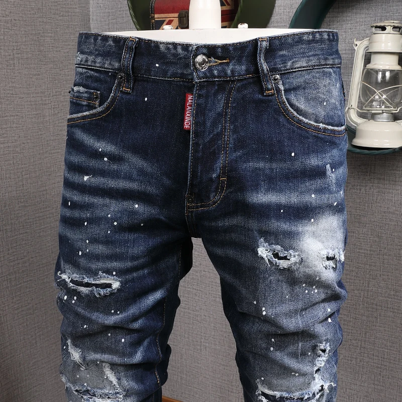 

American Streetwear Fashion Men Jeans High Quality Dark Blue Slim Fit Destroyed Ripped Jeans Punk Trousers Hip Hop Pants Hombre