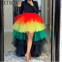 fashion hip hop mix color high low tiered ruffles tulle skirts puffy custom made elastic tutu skirt girls party skirt
