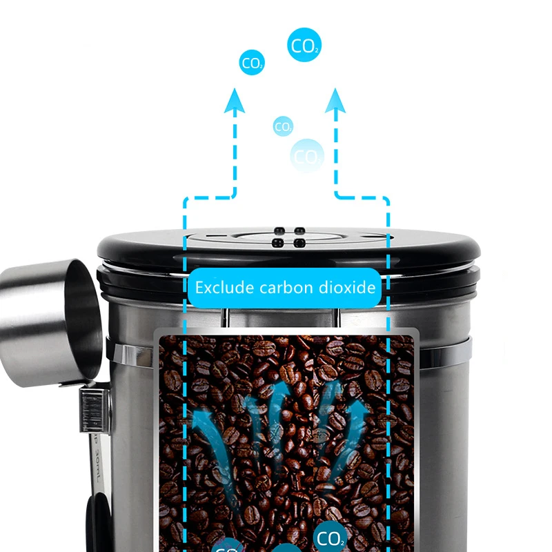 Contenedor de almacenamiento de caf&eacute; herm&eacute;tico de acero inoxidable, recipiente con cuchara para granos de caf&eacute;, t&eacute;, mantener los granos frescos-1