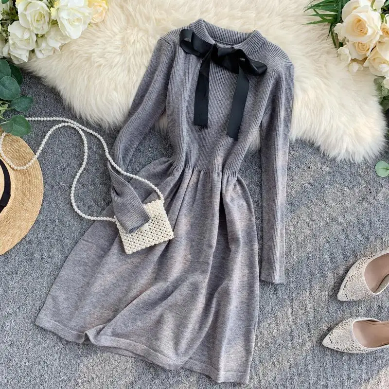 ALPHALMODA осеннее трикотажное платье с длинными рукавами и галстуком-бабочкой, милое женское платье с тонкой талией в консервативном стиле, трикотажное платье