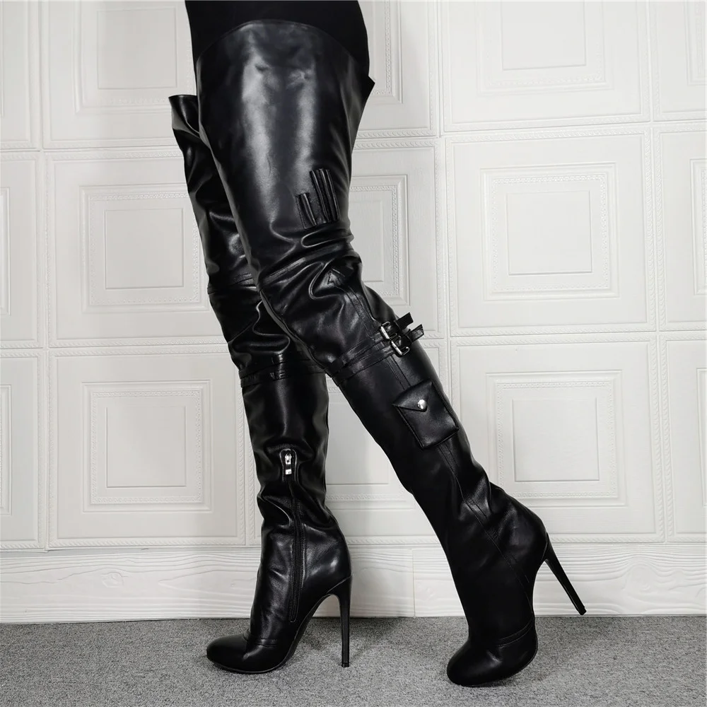 China Factory Handmade Black Big Shaft Boots High Heel Custom Boots Big Size 47 Women Over Knee Boots