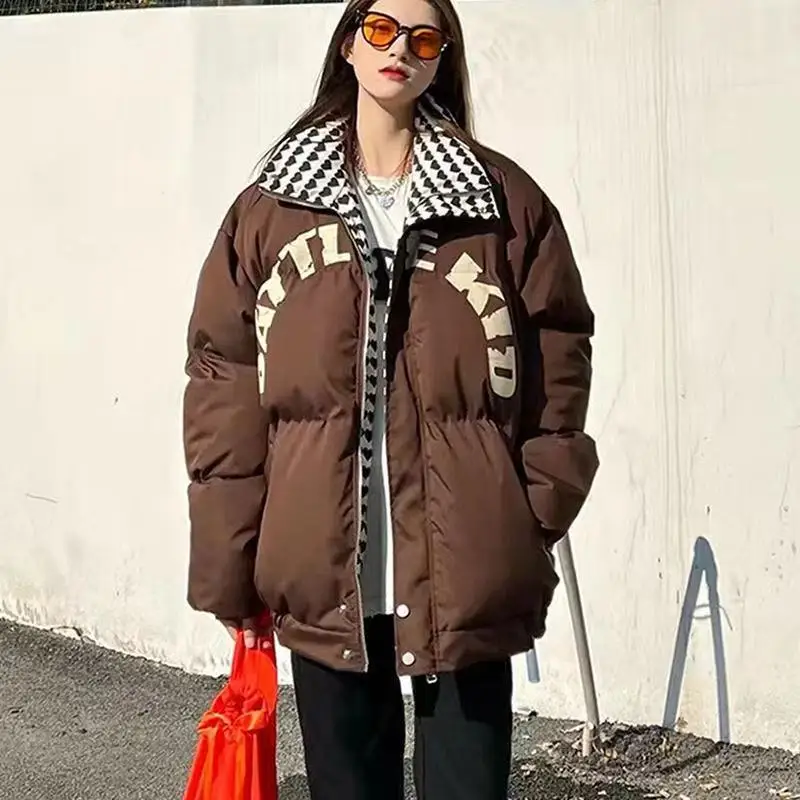 Plus Velvet Thick Thick Down Jacket Autumn and Winter New Retro Loose Simple Letter Printing Solid Color Cardigan Down Jacket