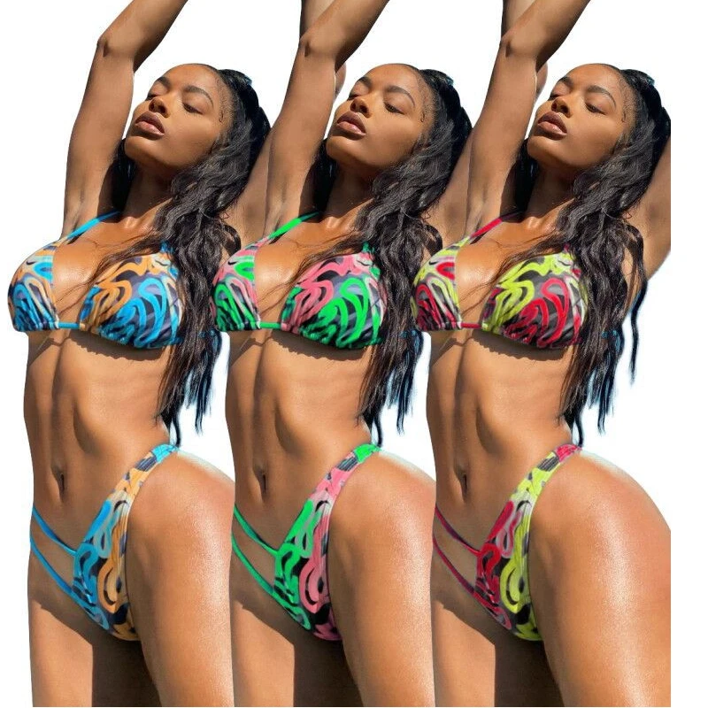 

2021 Summer Style Floral Printing Bikini Set For Women Backless Halter Bathing Suit Sexy 2 Piece Set Beach Swimsuit Swimwear