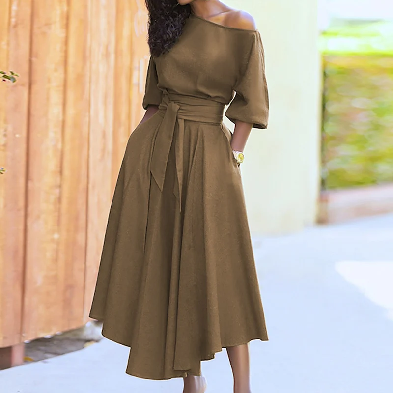

2021 Summer Women Elegant Sexy Off Shoulder Party Dress Tie-Up A-Line Dress Office Lady Casual Short Sleeve Pocket Dress Vestido