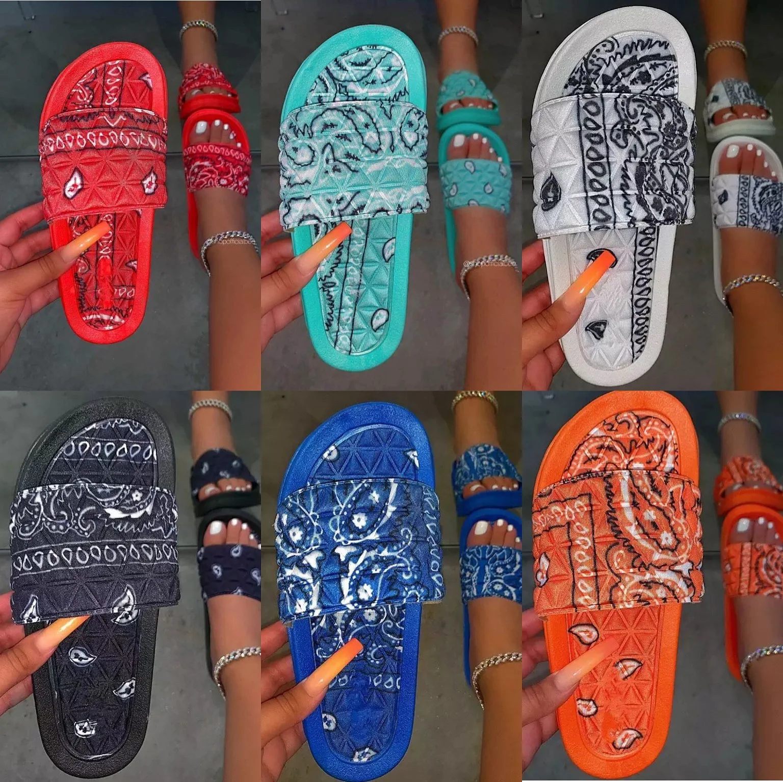 

2021 Women Bandana Prit Flat Slippers Outdoor Casual Open Toe Slides Soft Beach Wear Shoes Summer Beach Female Footwear Fashion