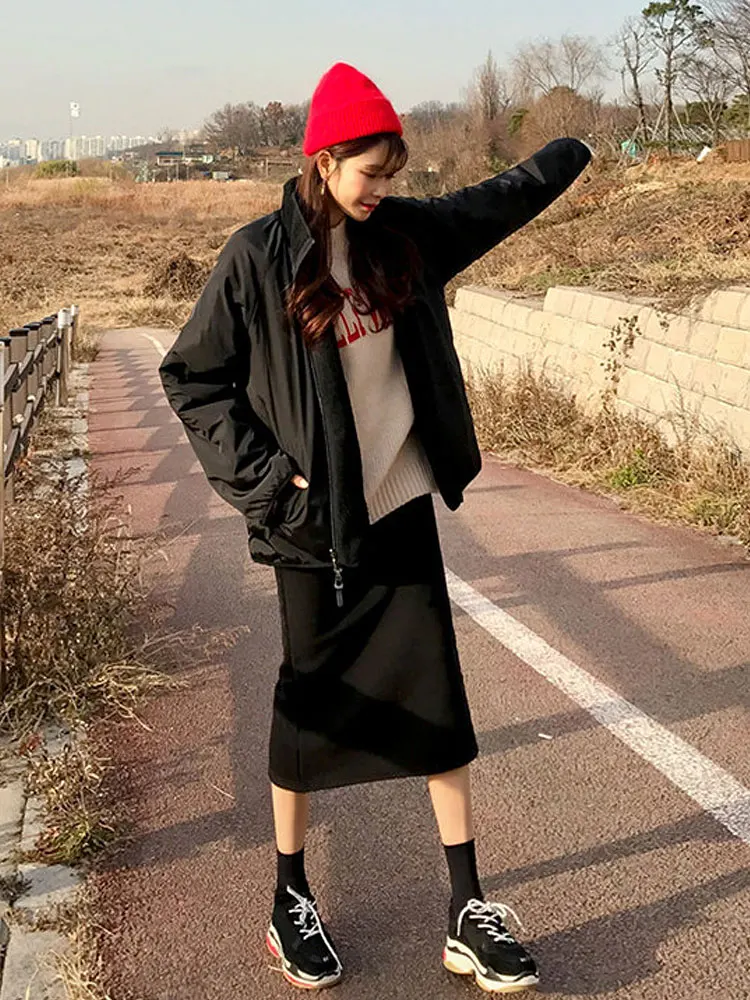 Women's Jacket Cropped Coat Winter Lamb Wool Casuals Fashion Oversize Clothing Warm Windproof Thicken Outwear Wear On Both Sides