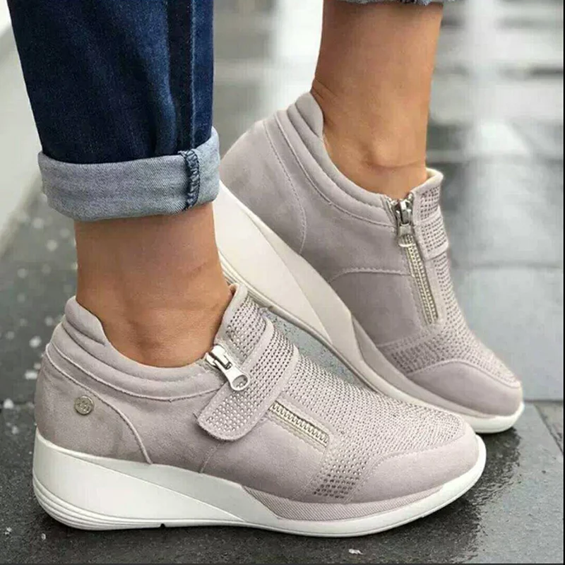

Fashion Increase Women Ladies Shoes Breathable Leather Thick Bottom Flats Shoes Girls Zipper Round Toe Casual Flats Plus Size