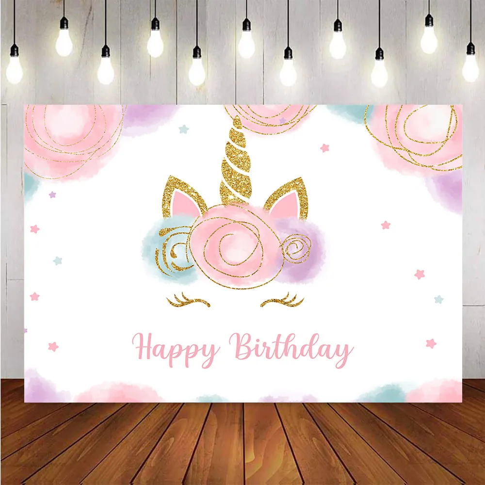 

Flower backdrop gold glitter unicorn background for birthday party decoration supplies newborn baby shower dessert table banner