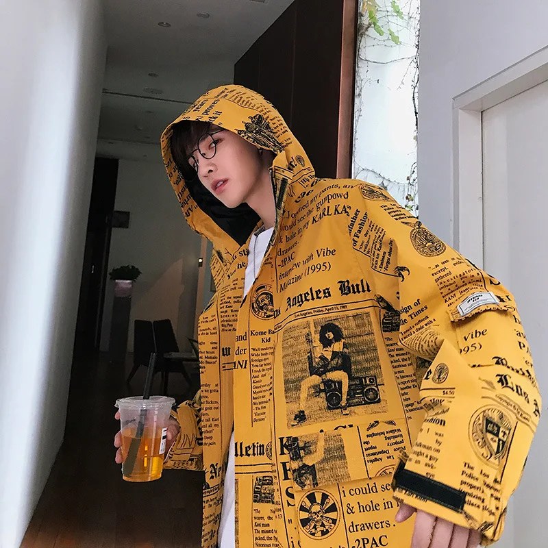 New Fashion Hooded Jacket Men Letter Print Coat Hip Hop Mens Loose Outerwear Harajuku Streetwear Coats Clothing | Мужская одежда