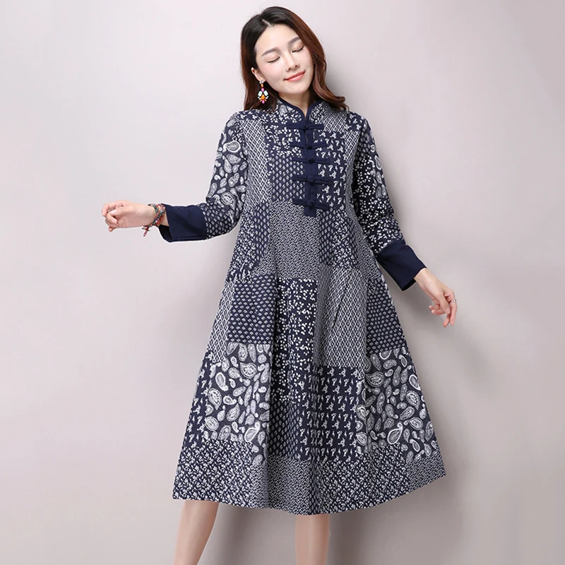 Осеннее элегантное удобное женское платье большого размера свободное хлопковое