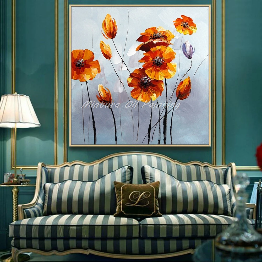 Минтура ручная роспись оранжевые желтые цветы картина маслом на холсте