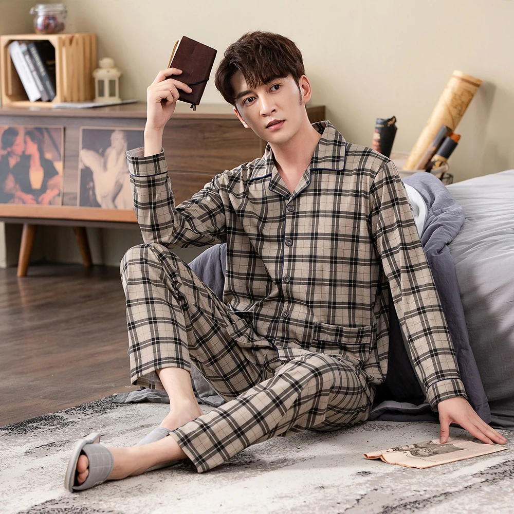 Spring autumn 100%Cotton Pajamas Sets For Men Plaid Sleepwear Suit Casual Home Clothes Pijamas Hombre Loungewear Plus Size 4XL