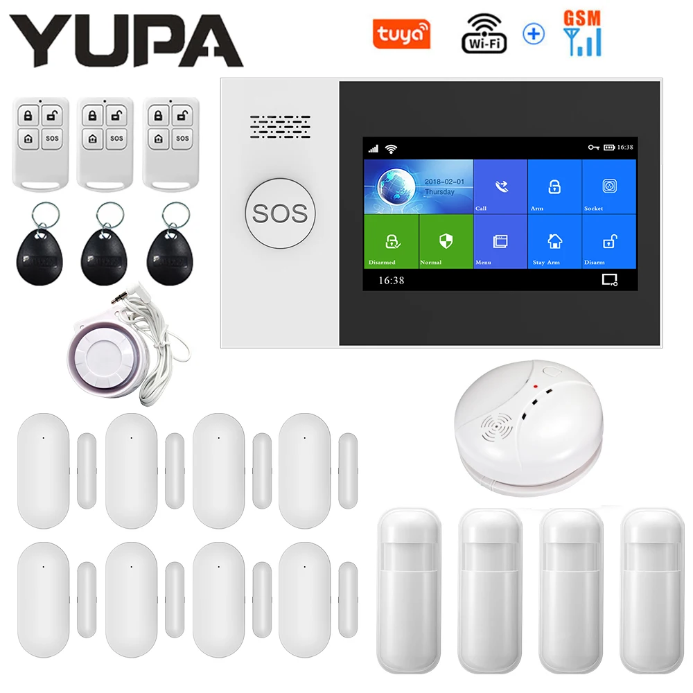 

WIFI GSM Wireless Home Security Alarm System 4.3Inch Screen TUYA App Remote Control With Smoke Detector For House Alarm Kit