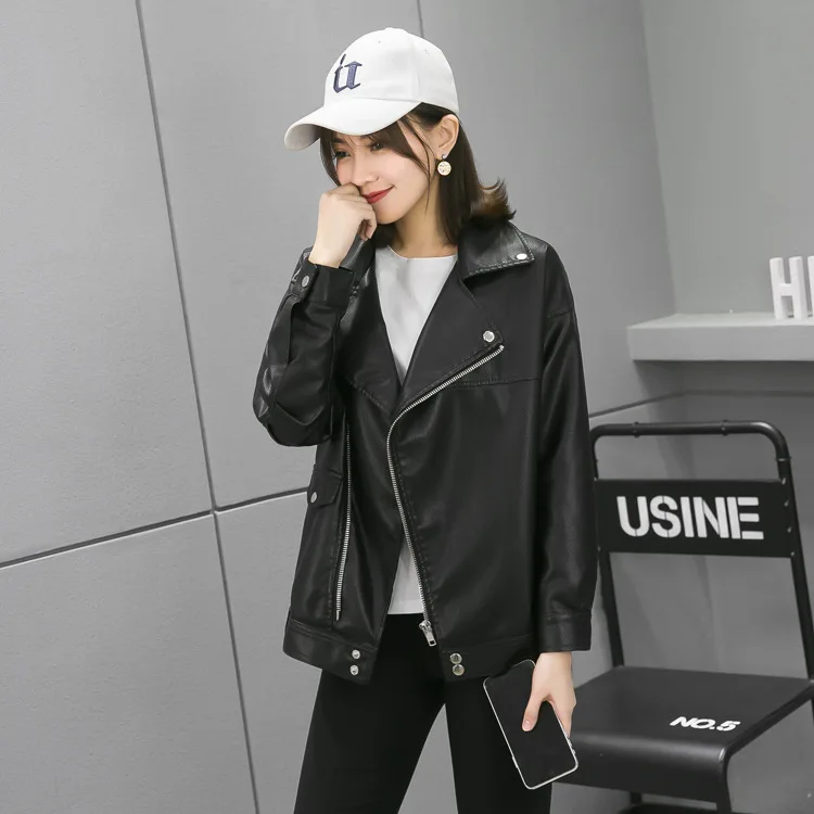 2019 Spring Autumn Moto Biker Faux Leather Short Jacket Womens Black Pu Leather Jacket Ladies Punk Loose Motorcycle Coat Zipper