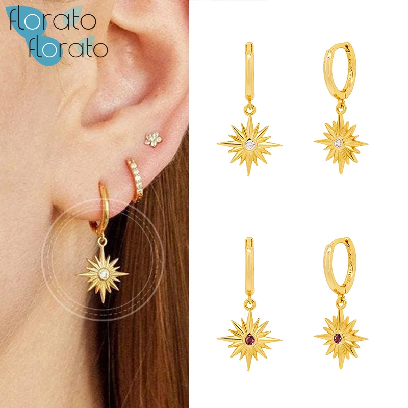 

925 Silver Ear Buckle Star Drop Hoop Earrings for Women Gold Color White Rose Red Blue Purple Crystal Earrings Fashion Jewelry