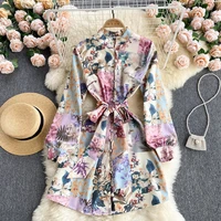women elegant floral printed dress stand neck lantern long sleeve high waist lace up bow buttons midi dresses female fashion new