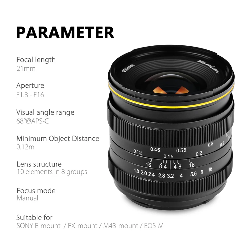 

Portable Waterproof Kamlan 21mm F1.8 Mirrorless Camera Manual Fix Focus Prime Lens for Canon EOS-M for Sony E for Fuji FX/ M4/3
