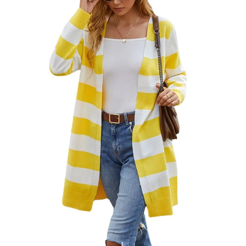 

Fashion Women's Sweater New Autumn Casual Hot Sale V-neck Cardigan Contrast Striped Loose Knit Long-sleeved Sweater