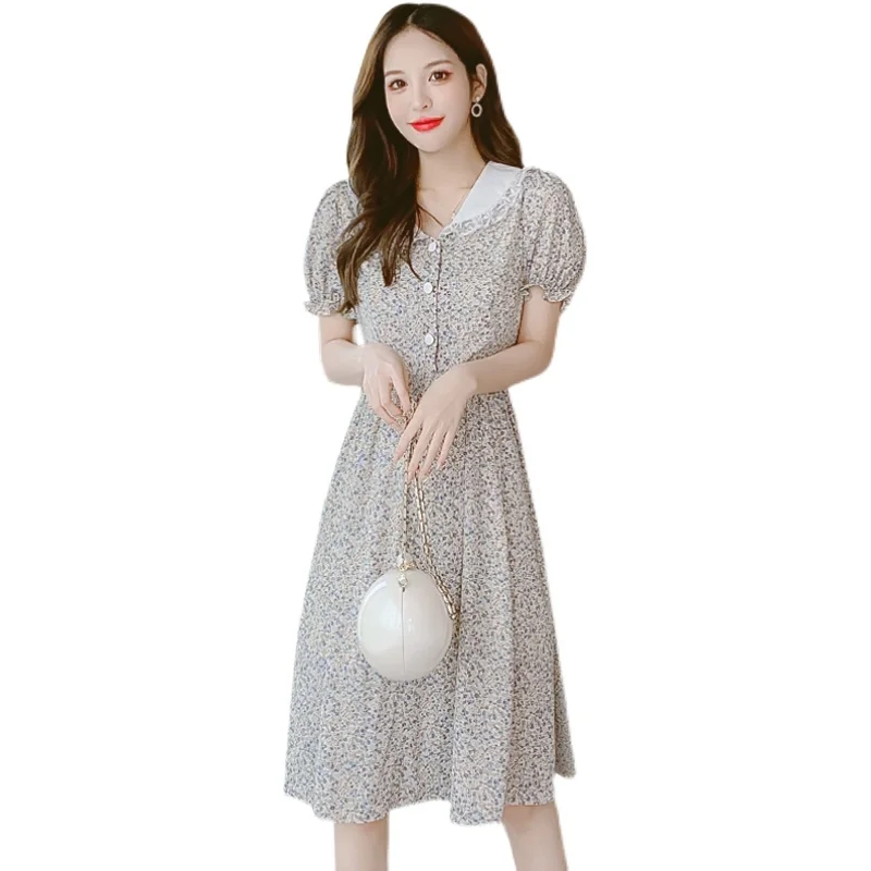 

COIGARSAM French Style Women dress New Vintage Peter pan Collar Puff Sleeve Dresses 1314