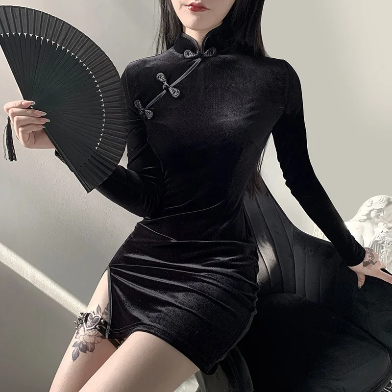 

Cheongsam Girl Retro Modified Long Sleeve Dress Women Dark National Style Sexy Split Black Dress