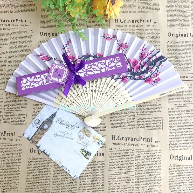 

180PCS Personalized Gift Cherry Blossom Bamboo Fan in Elegant Lase-Cutter Gift Box Hand Folding Fans Printing Wedding Name&Date