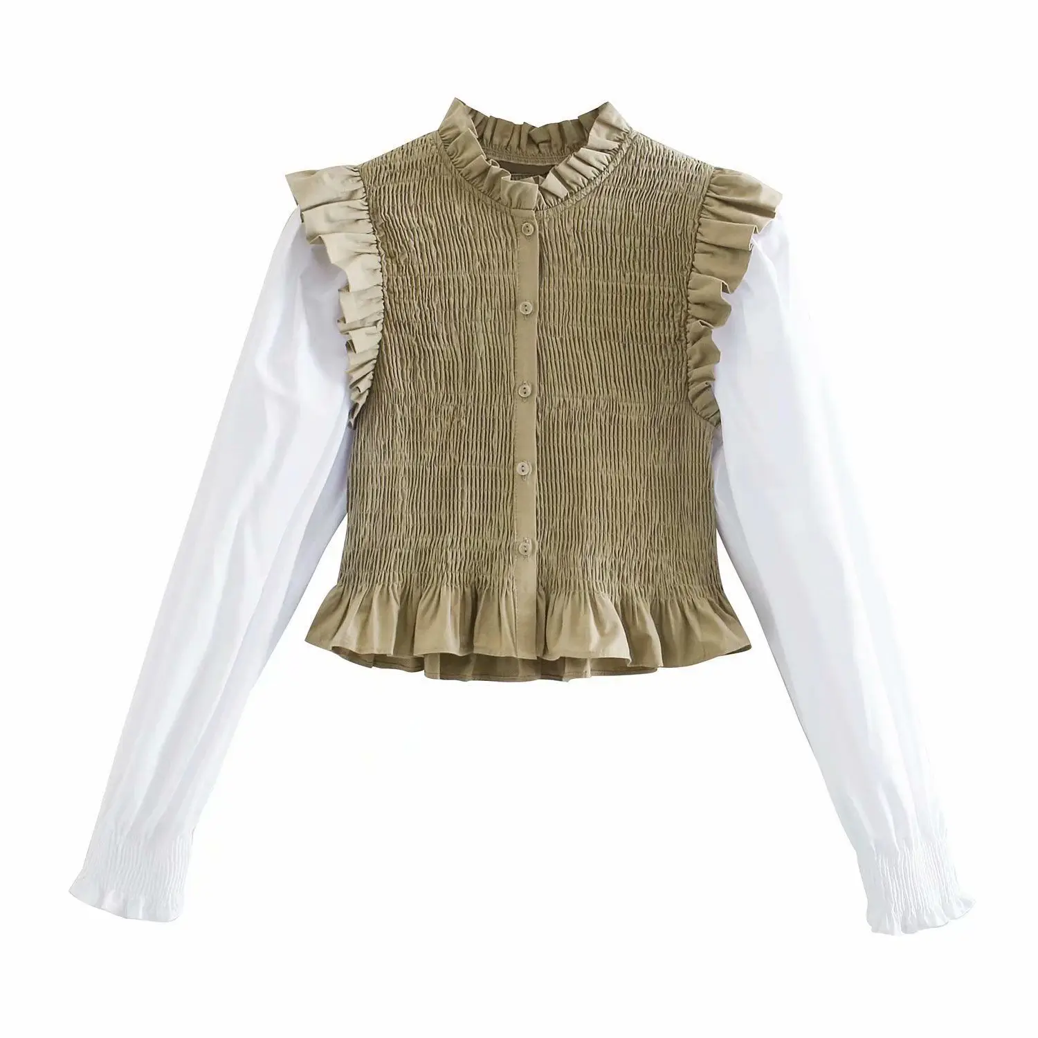 

WenQing Womens Casual Skinny Pleated Ruffles Short Cropped Long Sleeve Patchwork T Shirts Slim Pullovers Tops Coats INS Fashion