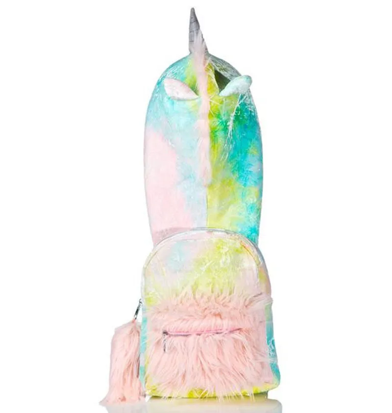 baby softy girl's tie-dyed colorful unicorn hooded backpack removable hat cool street style funny coat velour school bag