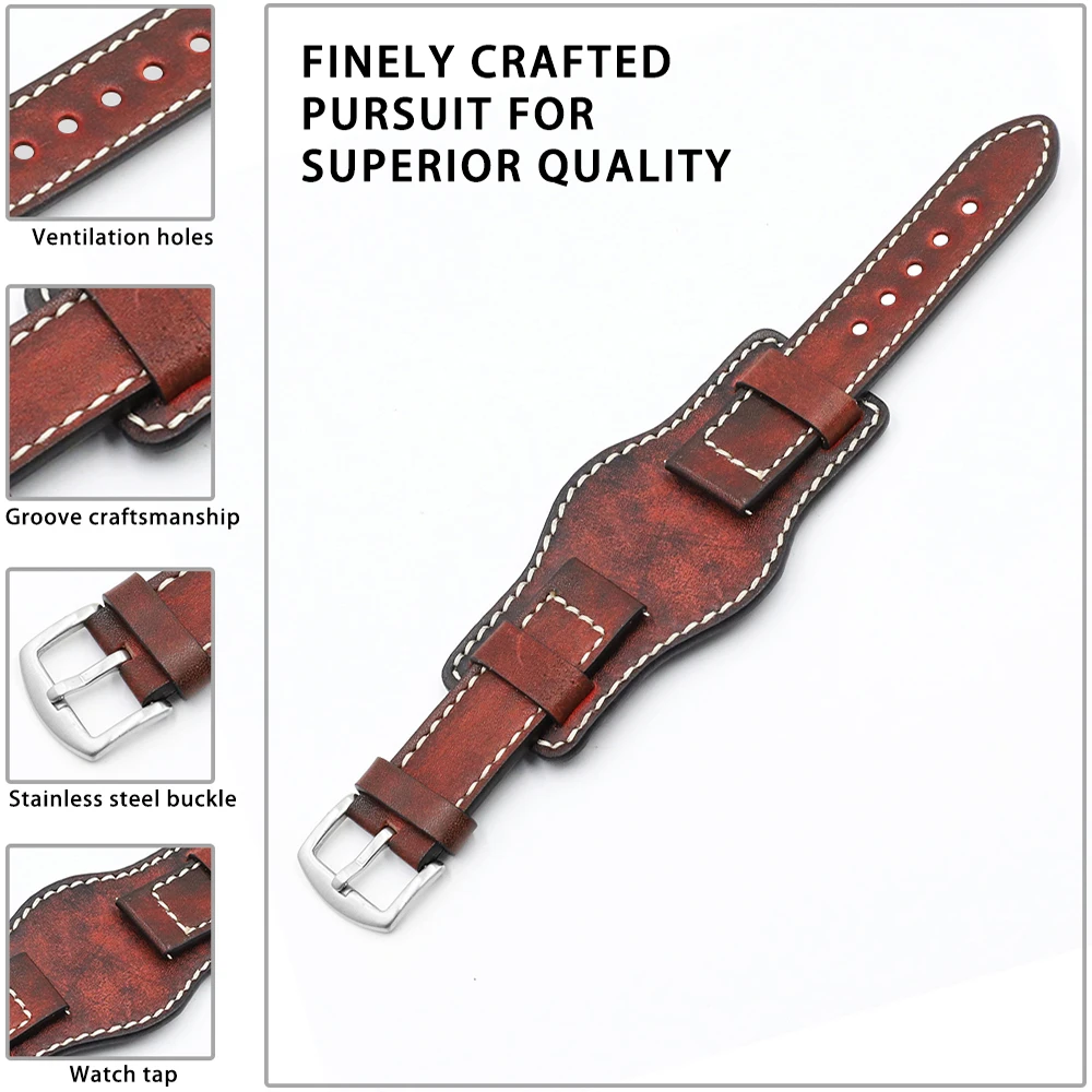 Vintage Handmade Watch Strap 20mm 22mm 24mm Cuff Genuine Leather Watchbands with Mat Cowhide Band for Fossil Watch