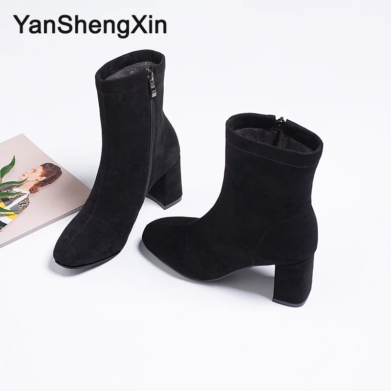 YANSHENGXIN/обувь женские ботинки однотонные замшевые сапоги до середины икры на молнии Женская обувь на высоком каблуке осенне-зимние сапоги женские ботинки