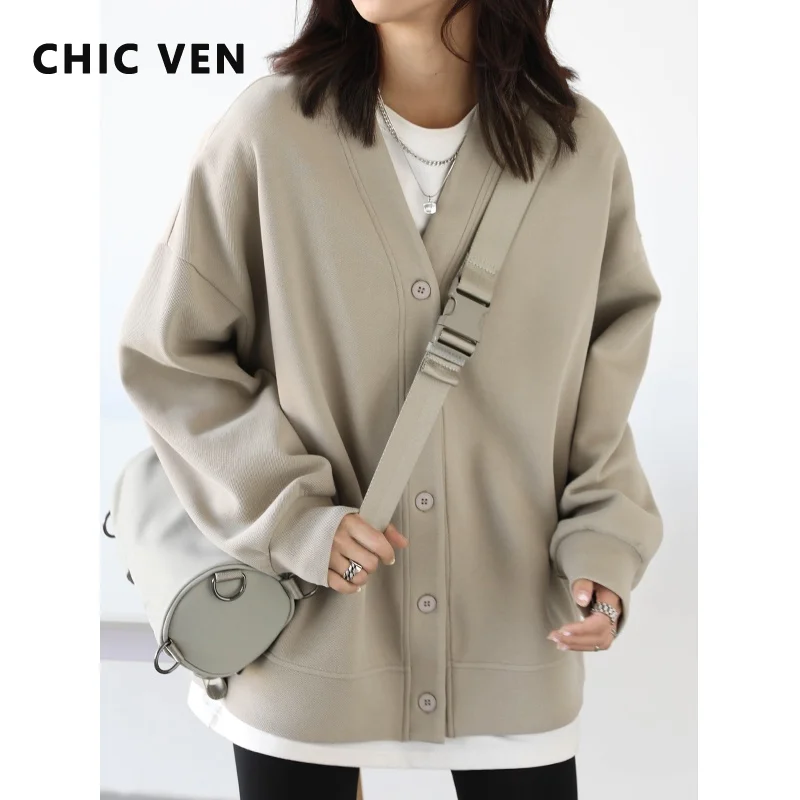 

CHIC VEN Korean Autumn Winter Women's Cardigan Coat Casual Loose V-neck Sweatshirt for Women Thick Warm Tops Office Lady Female